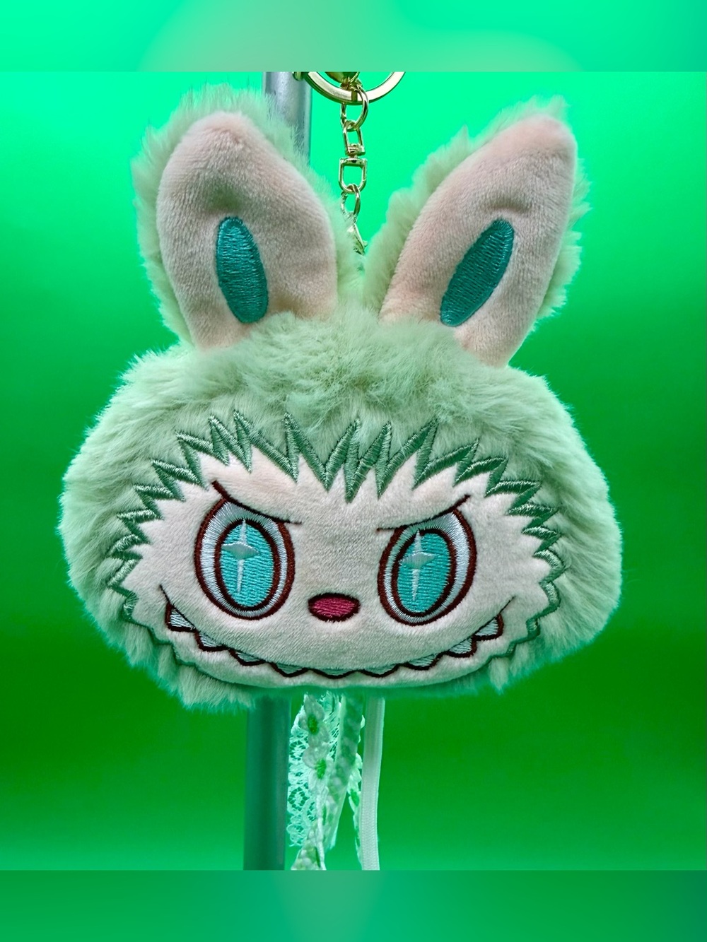 Mint Green Fluffy Labubu Face Keychain bagPlush